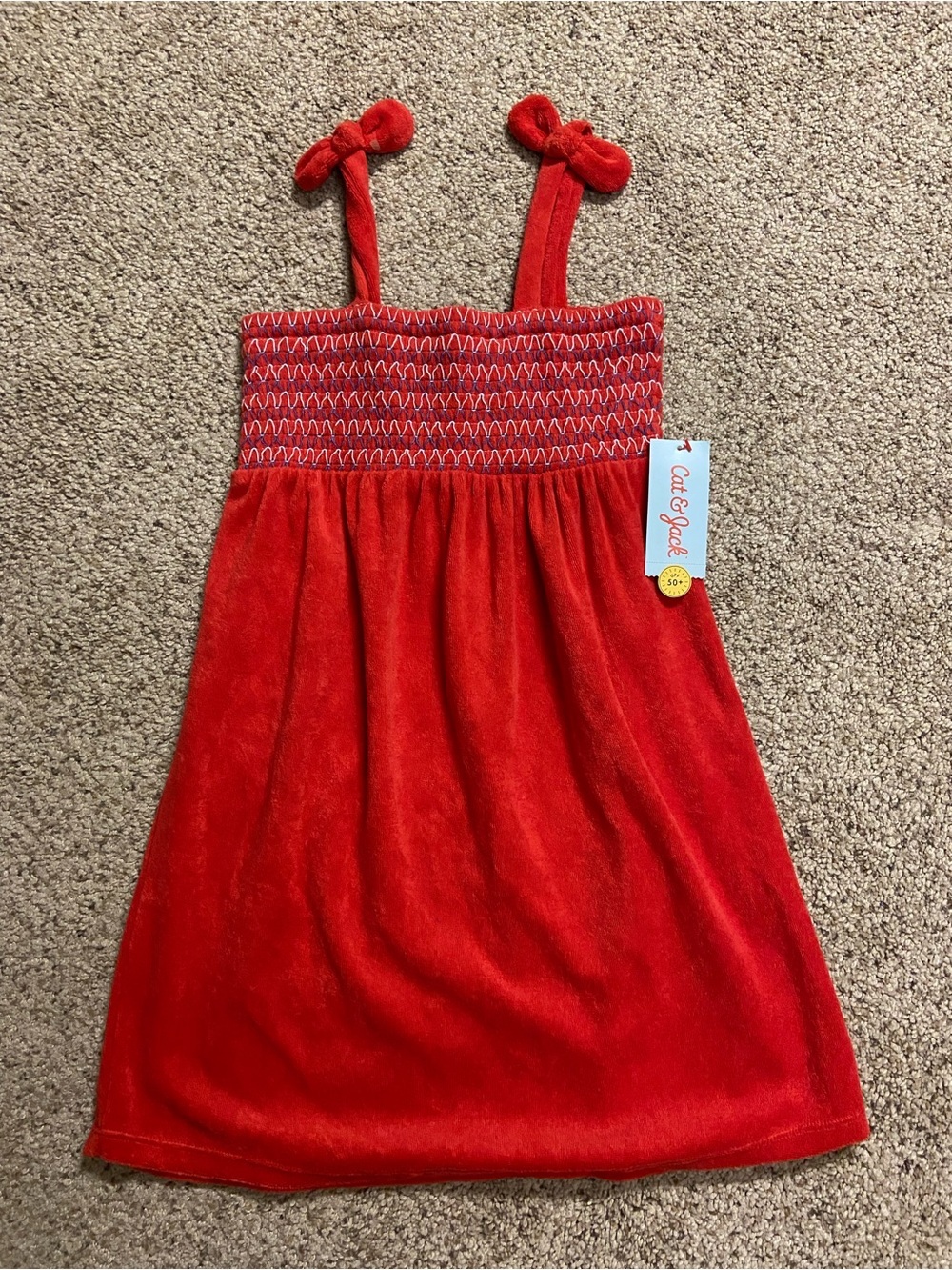 NWT Girl's Cat & Jack Red Terry Cloth Dress Swimsuit Cover-Up Size M 8 Smocked